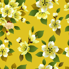 Vector seamless spring background with white and pink flowers with green and yellow leaves