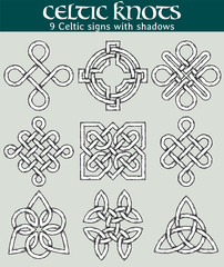 Celtic signs with fill. Set of 9 symbols made with Celtic knots for use in tattoos or designs.