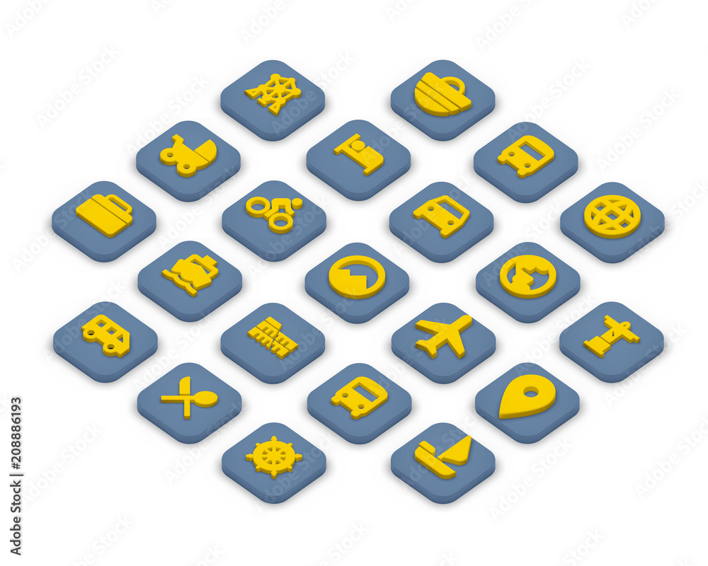 Wall mural 3d isometric icons of travel isolated on a grey background.