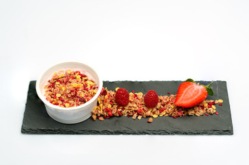 desserts yogurt and cereals, strawberry and raspberry. On white background