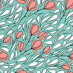 Seamless pattern with delicate flowers and leaves. Vector illustration.