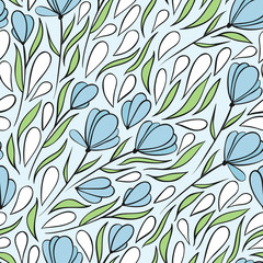 Seamless pattern with delicate flowers and leaves. Vector illustration.