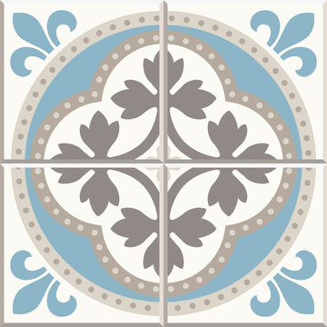 Ancient floor ceramic tiles. Flooring tiling seamless vector background. Vector illustration. Victorian English floor tiling design. Portuguese cement tiles pattern. Grey-blue and golden brown colors