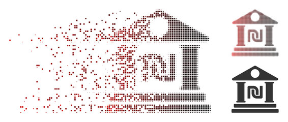 Vector shekel bank building icon in dissolved, dotted halftone and undamaged solid variants. Disappearing effect uses rectangle particles and horizontal gradient from red to black. - obrazy, fototapety, plakaty
