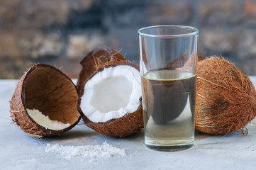Whole coconuts and coconut products as water and powder. White s