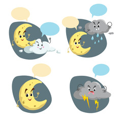 Cartoon weather characters set. Friendly crescent moon, rain cloud with raindrops  and thunderstorm cloud with lightning. Speech bubbles. Vector climate icons collection.