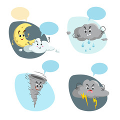 Cartoon weather characters set. Friendly crescent moon, rain cloud with raindrops, thunderstorm cloud with lightning and tornado. Speech bubbles. Vector climate icons collection.
