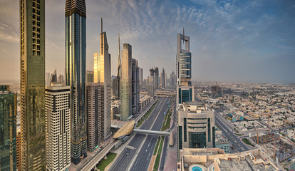 Dubai skyline during sunrise, United Arab Emirates.