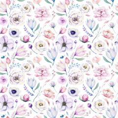 Seamless spring lilac watercolor floral pattern on a white background. Pink and rose flowers, weddind decoration illustration.