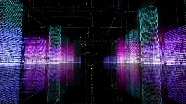 Seamless loop abstract digital hologram 3D city rendering with futuristic matrix. Digital buildings with a binary code particles network. Technology and connection concept. HUD background in 4K