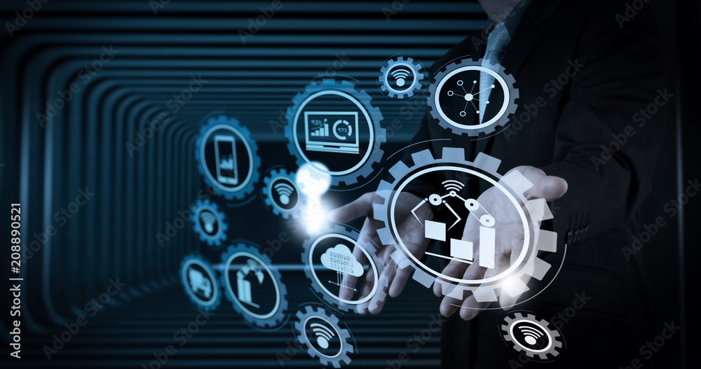 Poster business man with an open hand as showing something