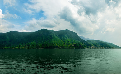 Landscape of lake and mountains Lugano in Switzerland.