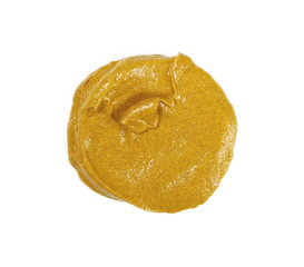 Yellow mustard sauce, spread isolated on white background, top view
