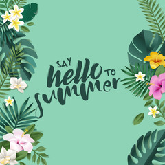 Hello summer vector illustration for background, mobile and social media banner, summertime card, party invitation template. Lettering summer concept with natural elements.