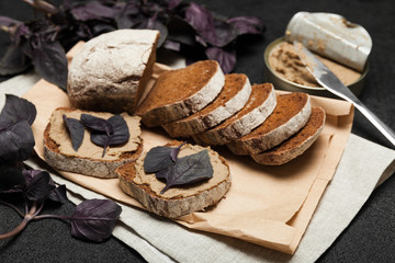 Appetizer chicken liver pate on bread. Delicious breakfast.