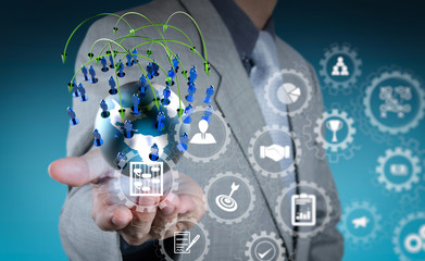 businessman hand holds social network