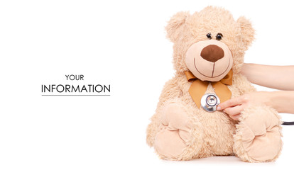 Toy bear stethoscope in hand medical medicine pattern on white background isolation