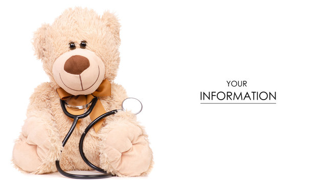 Toy bear stethoscope medical medicine pattern on white background isolation