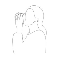 Contour silhouette of a girl holding a cup in her hand and drinking something. Vector Illustration.