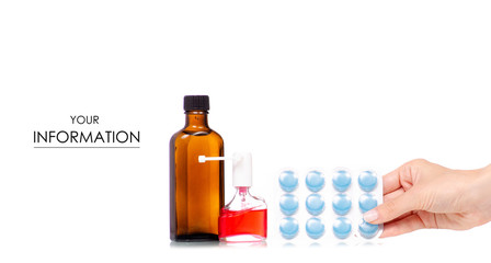 Composition set of medicine bottles and pills lozenges in hand pattern on white background isolation