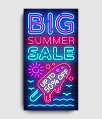 Summer Sale vertical banner design template vector. Neon sign, modern trend design, neon style webbanner, bright neon advertizing. Vector illustration