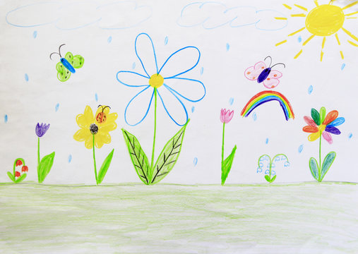 Childish drawing of clearing with flowers rainbow and butterflies