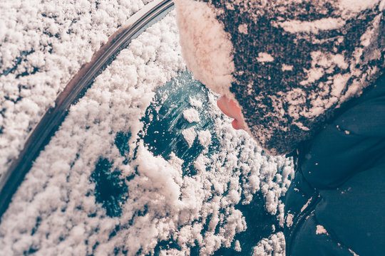 Snow Cleaning From The Car In Bad Weather And Snowstorm, Snowy Frosty Winter Weather