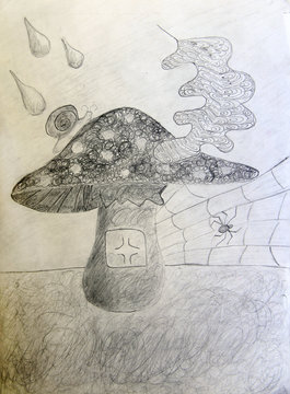 Childish black-and-white drawing made with pencil of snail on mushroom, rain
