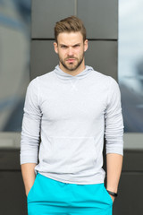 Sport fashion concept. Guy bearded and attractive cares about appearance. Man with bristle on...