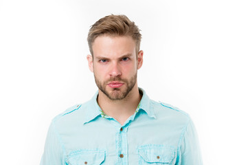 Man with beard on serious face isolated on white background. Handsome man in blue shirt, fashion. Bearded and stylish. Hair and barber salon. Skin care and grooming. Casual in style