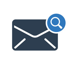 Envelope icon, multimedia icon with research sign. Envelope icon and explore, find, inspect symbol