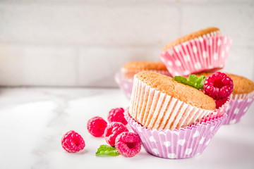 Sweet summer dessert, homemade baked muffin with raspberry jam, served with tea, fresh raspberries and mint. On a white marble table, copy space