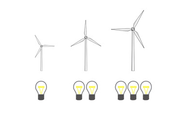 Vector image of wind turbines and light bulbs increasing in size and number.