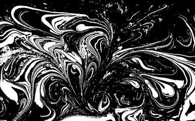 Black and white liquid texture. Hand drawn marbling illustration. Abstract vector background. Monochrome marble pattern.