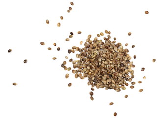 hemp seeds isolated on white background, top view