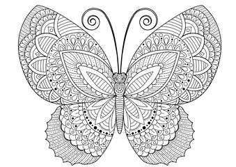 Back and white image of a butterfly on white background. Coloring-antistress for adults and children, for recreation and creativity. Hand drawn butterfly zentangle style for t-shirt design or tattoo.