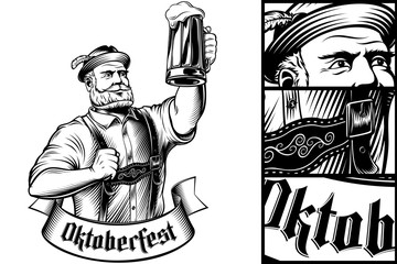 Vector Man holding glass of beer in traditional bavarian clothes Trachtenhut, Lederhosen on Oktoberfest. Hand drawing illustration of character in vintage engraving inked retro style for stamp, print.