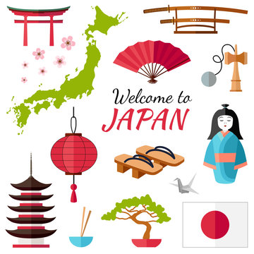 Japan travel banner with icons, souvenirs, design elements and famous japanese symbols. Vector illustration in flat style with inscription: Welcome to Japan.