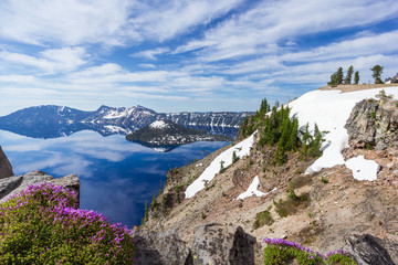 Beautiful scenery of Crater Lake and Wizard Island in summer as seen from the north rim, Oregon, USA