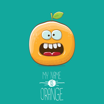 vector funny cartoon cute orange character isolated on azure background. My name is orange vector concept. super funky citrus fruit summer food character