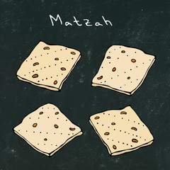Black Board Background. Matzah or Matzo, Unleavened bread for Pesach, Jewish holiday of Passover, isolated on white background, design element. Realistic Hand Drawn Illustration. Savoyar Doodle Style.