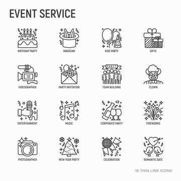 Event Services Thin Line Icons Set: Kids Party, Gifts, Birthday, Magician, Clown, Videographer, Party Invitation, Corporate, Fireworks, Music, Celebration, Romatic Date. Modern Vector Illustration.