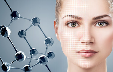 Young woman with big white molecule chain.
