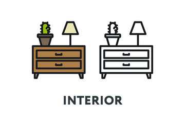 Cozy Interior Furniture Concept. Cabinet, Cactus, Lamp. Minimal Color Flat Line Outline Stroke Icon.