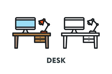 Interior Furniture Concept. Desk Table, Computer, Lamp. Minimal Color Flat Line Outline Stroke Icon.