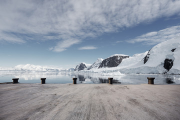 empty brick ground with sonw mountain as background