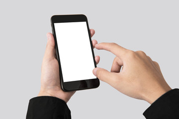 Using Mobile phone and blank screen for mockup template advertising and branding technology background.