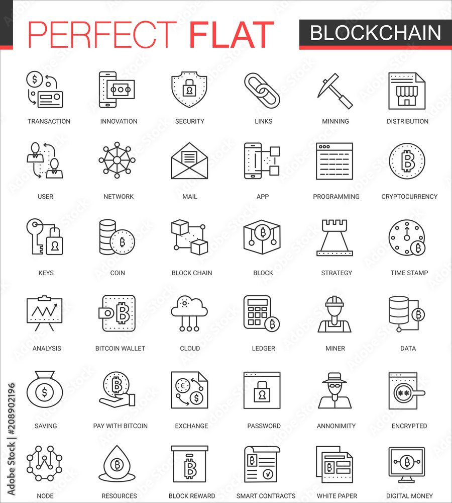 Poster blockchain, bitcoin cryptocurrency thin line web icons set. outline stroke icon design.
