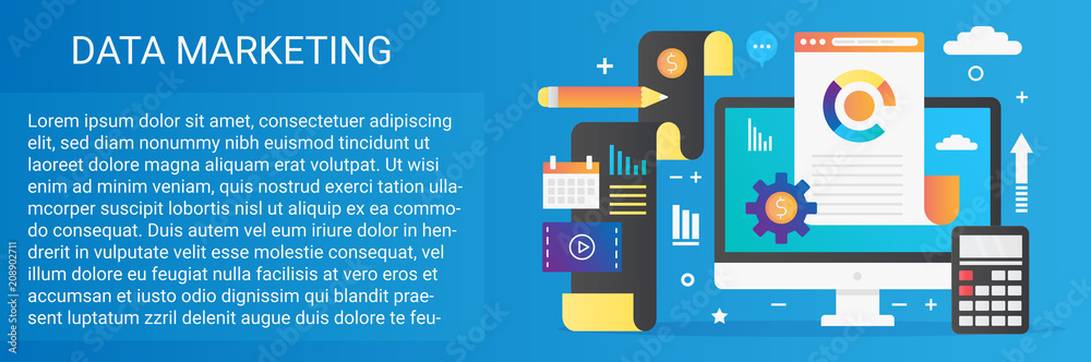Aufkleber Modern vector flat gradient Data marketing concept template banner with icons and text.
