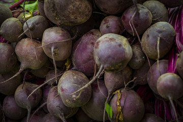 Background of environmentally friendly beets of GMOs on the market in Tel Aviv in Israel. 